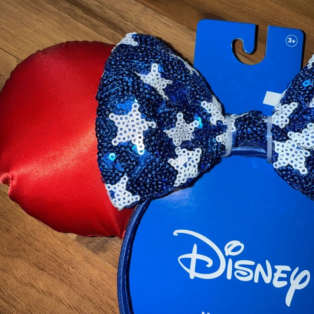 Disney Minnie Mouse Patriotic Sequin Bow USA Red White‎ Blue Ear Headband NWT
